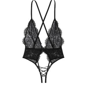 Victoria's Secret Black Lacy Lace-Up Crotchless Teddy